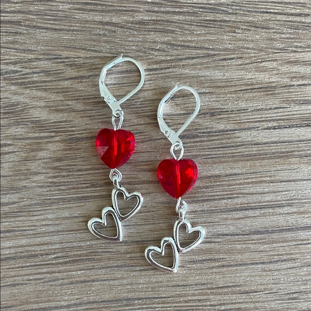 HAND CRAFTED RED CRYSTAL & DOUBLE HEART DROP EARRINGS Faceted Red Crystal Hearts